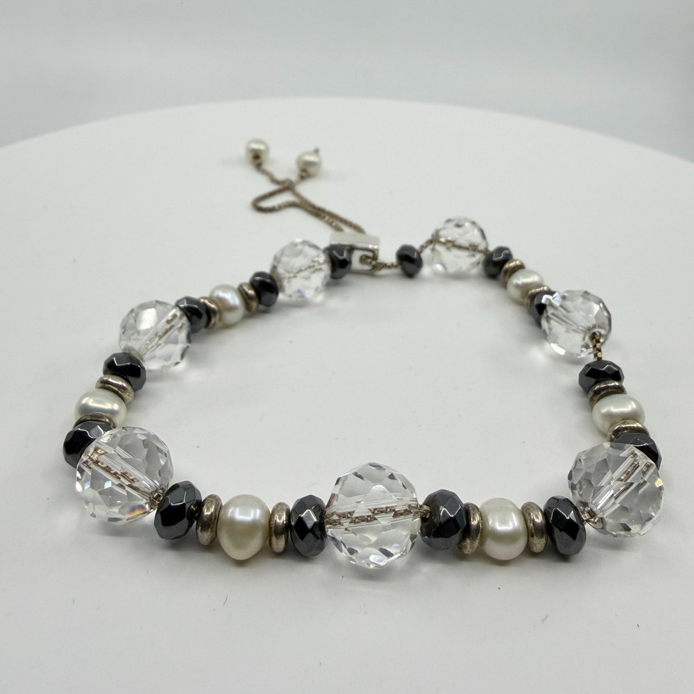 Elegant Crystal Pearl Bracelet Adjustable Silver Tone Boho Gift